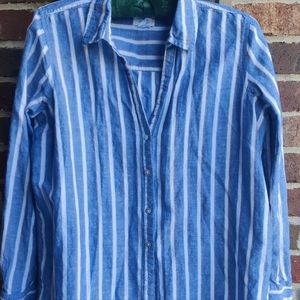 Sigrid Olsen blue, white, orange striped button-down linen shirt